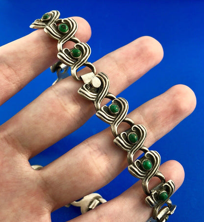 Mid Century Taxco Mexico 925 Sterling Silver Malachite Scroll Panel Necklace