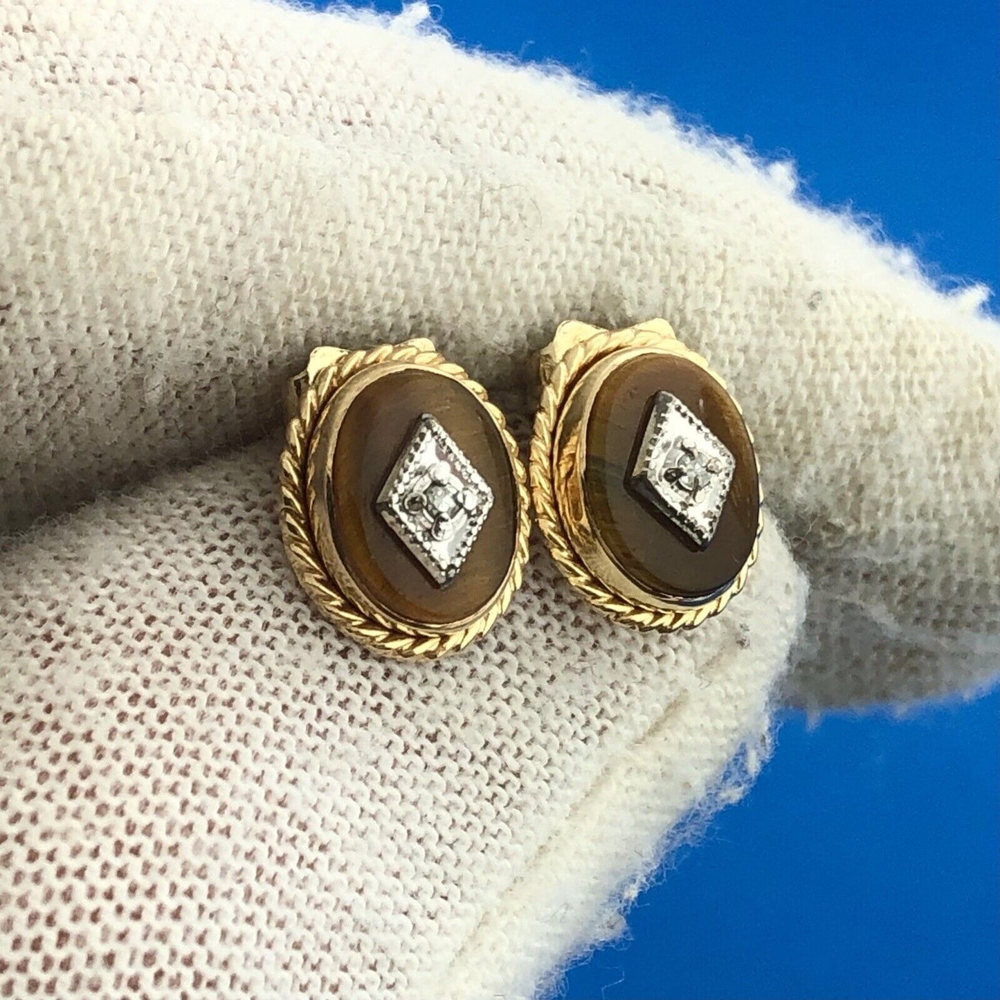 Retro 14K Yellow White Gold Oval Tiger Eye Cabochon Diamond Accent Stud Earrings