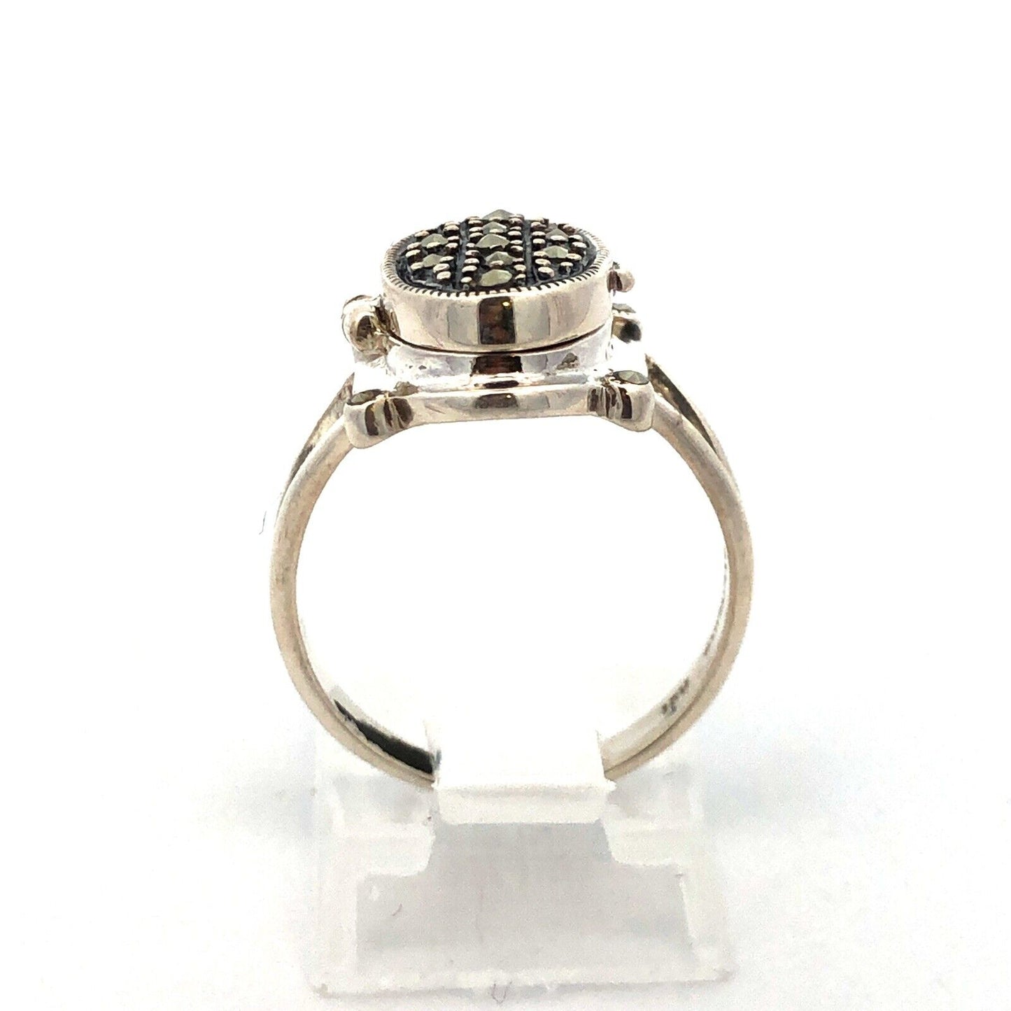Vintage Designer 925 Sterling Silver Marcasite Oval Pill Box Ring