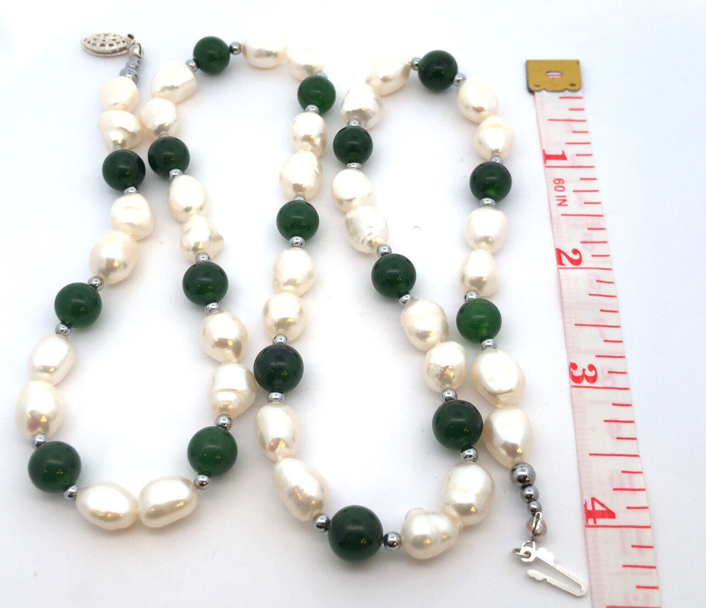 Designer 925 Sterling Silver Pearl Jade Beaded Statement Necklace