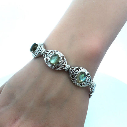 Designer STS Karis Silver Plate Oval Labradorite Open Work Scroll Heart Bracelet