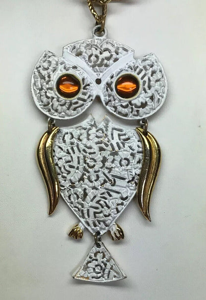 Park Lane Amber Eyes White Enamel Filigree 3D Owl Gold Tone Statement Necklace