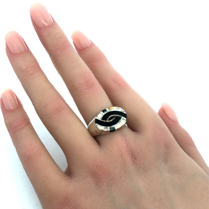 Estate 925 Sterling Silver Black Onyx Mother of Pearl Inlay Oval Signet Ring