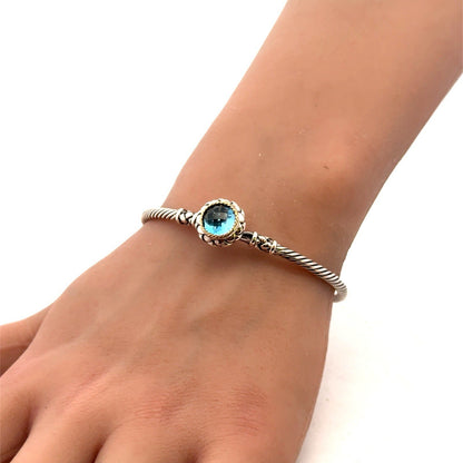 EFFY 925 Sterling Silver 18K Solitaire Blue Topaz Twisted Wire Hook Bracelet
