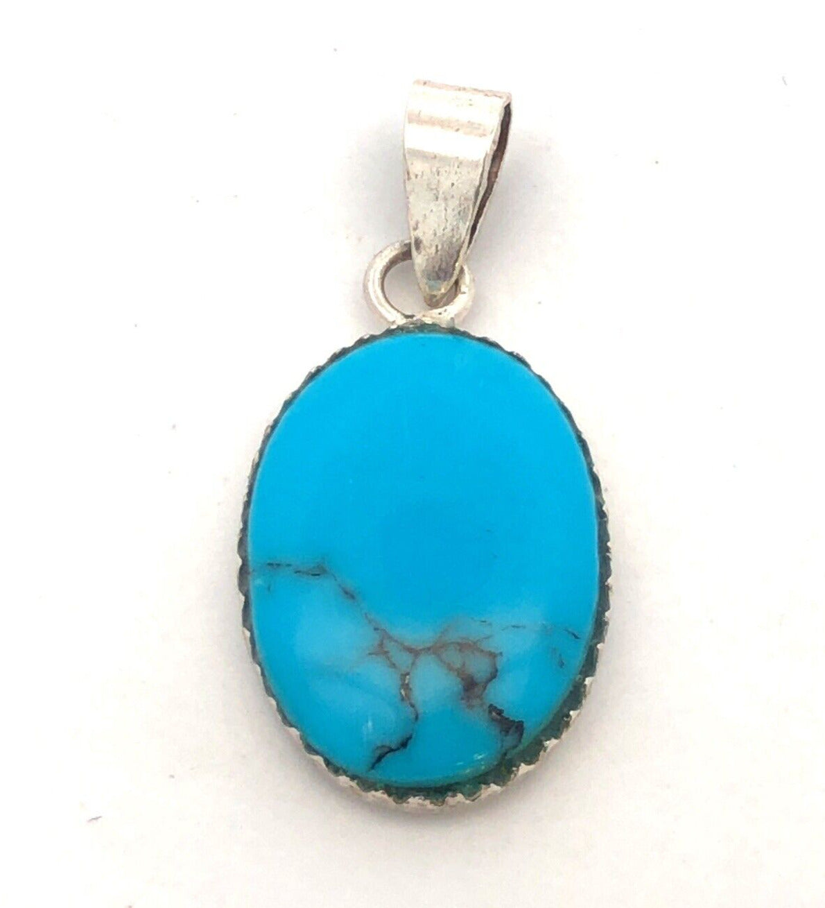 Estate 925 Sterling Silver Oval Turquoise Cabochon Solitaire Pendant