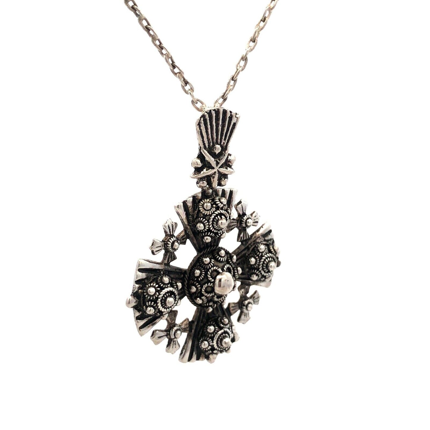 Vintage 925 Sterling Silver Jerusalem Cross Scroll Detail Statement Necklace