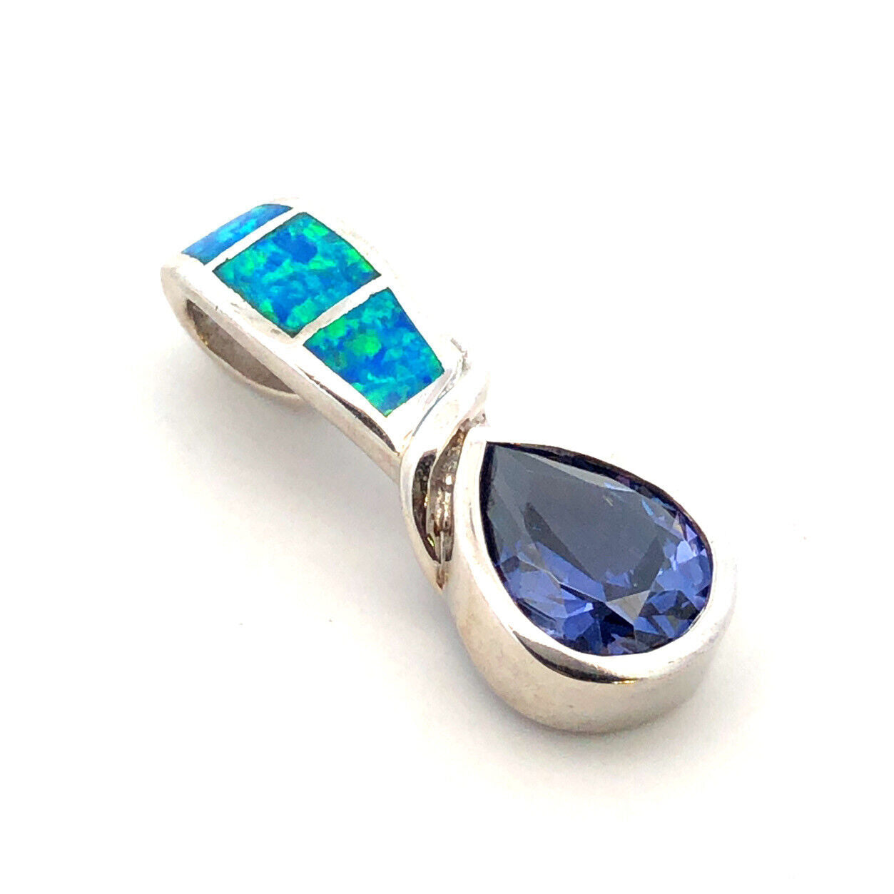 Designer 925 Sterling Silver Pear Tanzanite Opal Inlay Modernist Drop Pendant