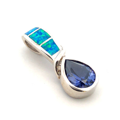 Designer 925 Sterling Silver Pear Tanzanite Opal Inlay Modernist Drop Pendant