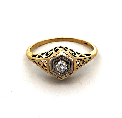 Vintage  14K Yellow Gold Round Diamond Solitaire Art Deco Engagement Ring
