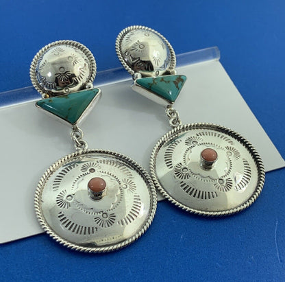 Designer REVE 925 Sterling Silver Turquoise Coral Statement Concho Stud Earrings