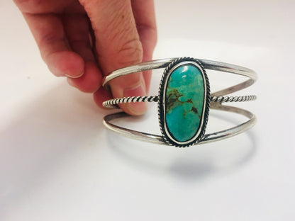 Native American Sterling Silver Oval Green Royston Turquoise Split Cuff Bracelet