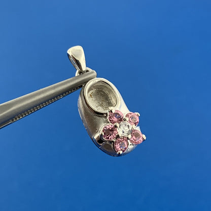 Silver Toned Round Pink White Sparkling CZ Child's Floral Shoe Dangle Pendant