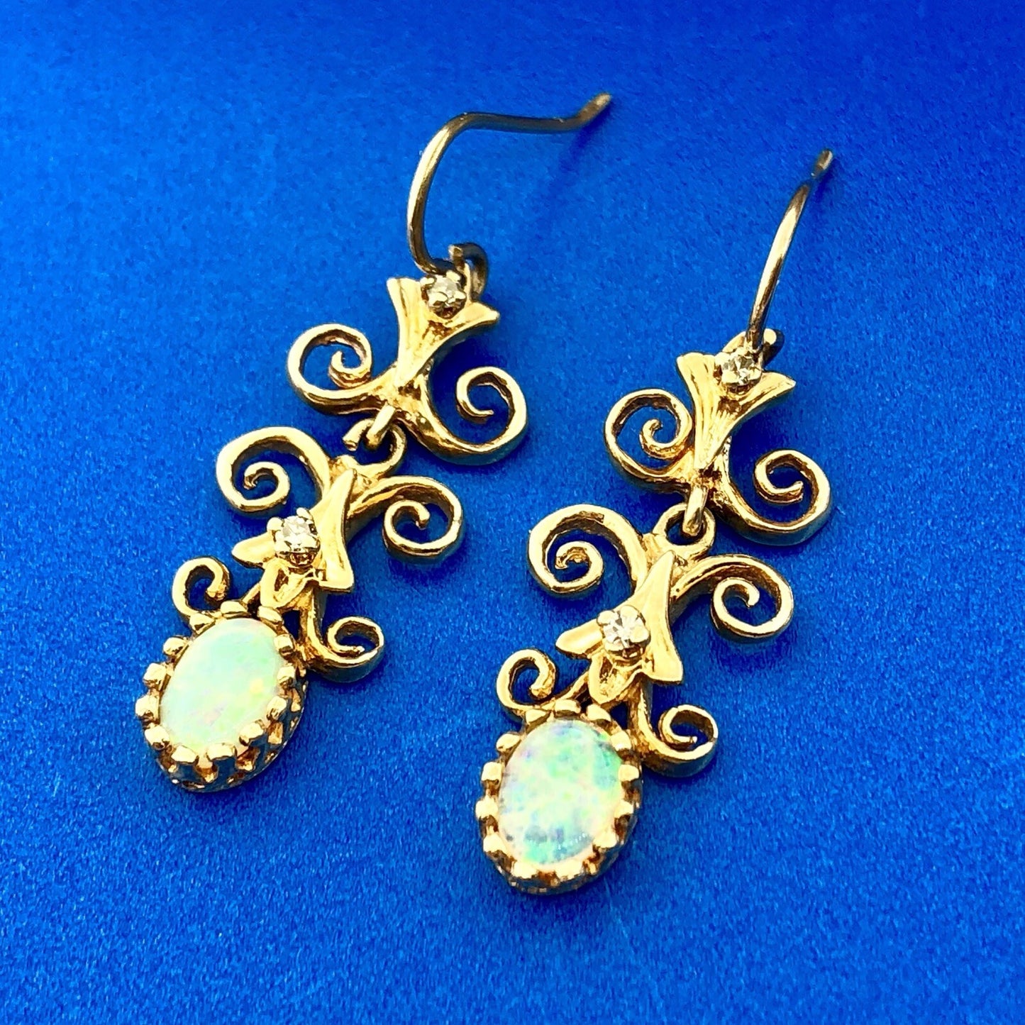 Art Deco Art Nouveau 14K Yellow Gold Opal Diamond Scroll Drop Dangle Earrings