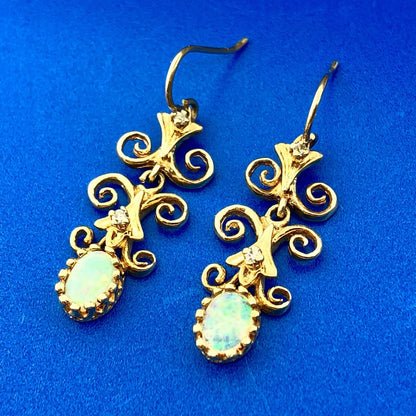 Art Deco Art Nouveau 14K Yellow Gold Opal Diamond Scroll Drop Dangle Earrings
