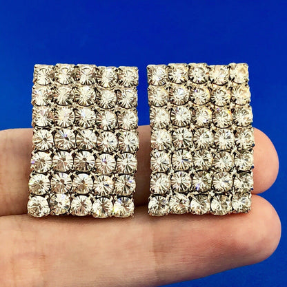 Glitzy Glamorous Silver Tone Crystal Rhinestone Statement Clip On Earrings