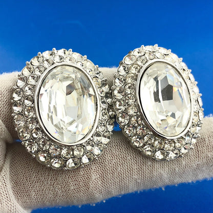 Vintage Yves Saint Laurent Silver Tone Rhinestone Signed Runway Clip Earrings