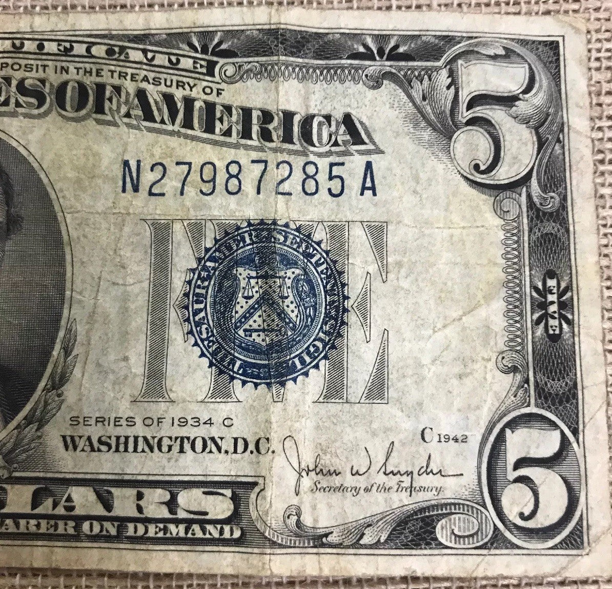 1934 C $5 United States Silver Certificate Julian/Snyder Fr. 1653
