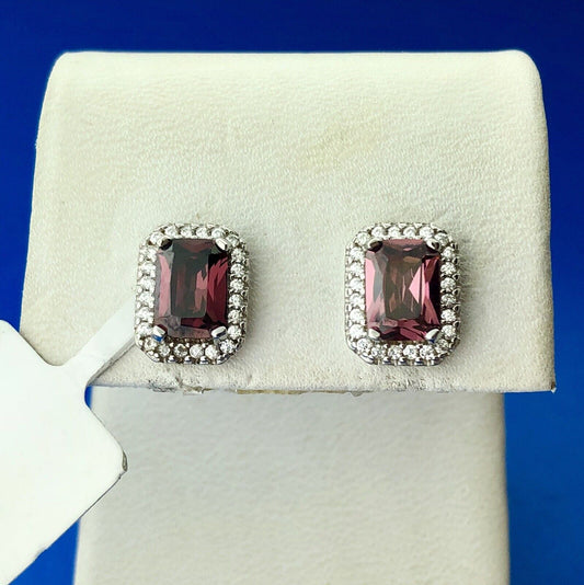 Designer OJL Sterling Silver Rhodolite Garnet Diamond Halo January Stud Earrings