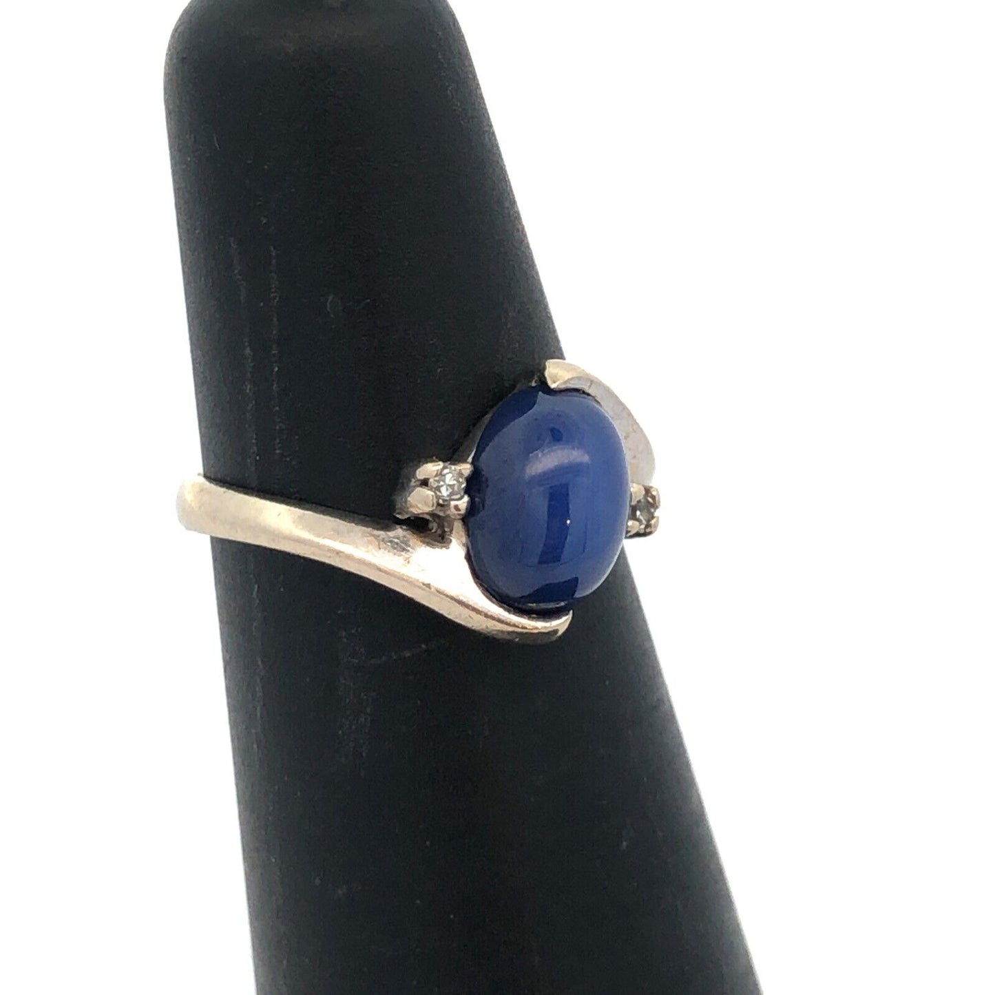 Designer 14K White Gold Oval Blue Star Sapphire Diamond Accent Bypass Ring