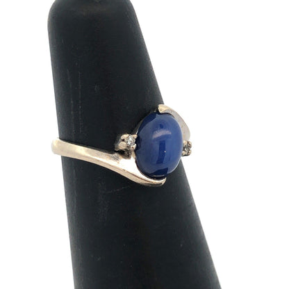 Designer 14K White Gold Oval Blue Star Sapphire Diamond Accent Bypass Ring