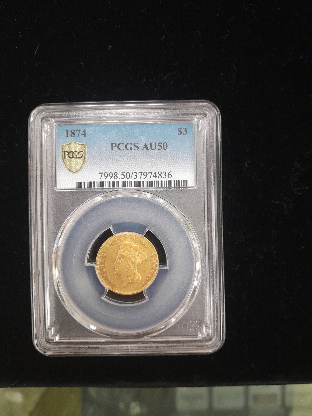 1874 $3 Gold Coin PCGS AU-50
