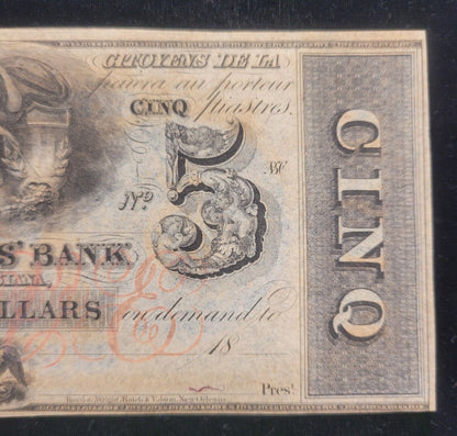 1800s $5 Citizens' Bank of Louisiana, New Orleans Obsolete Currency Bank Note