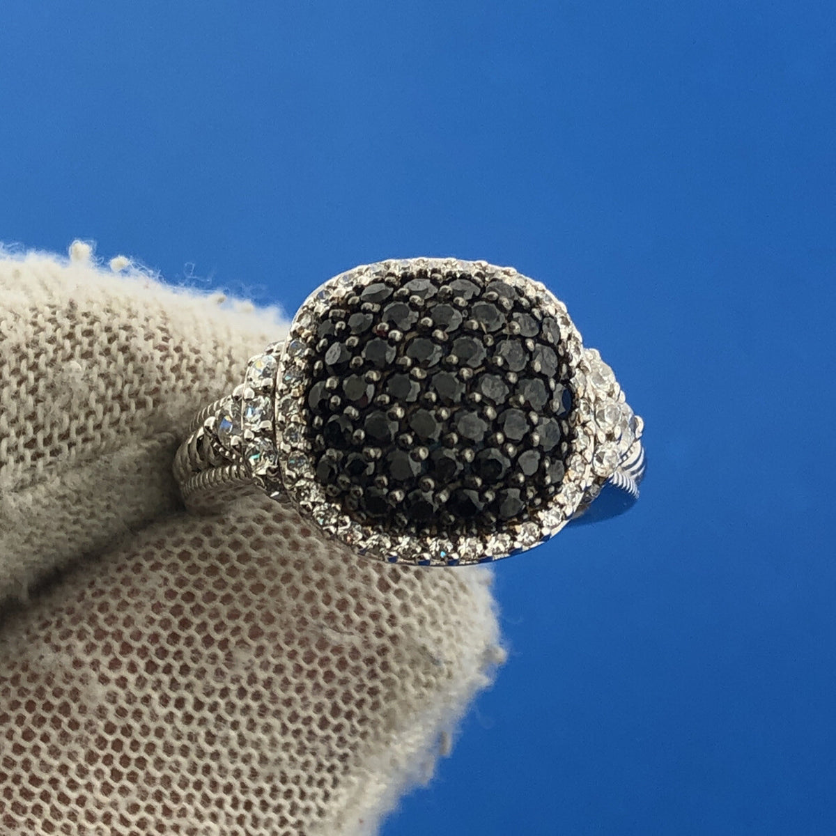 Sterling Silver .925 Black & White Cubic Zirconia Statement Size 5 Cocktail Ring