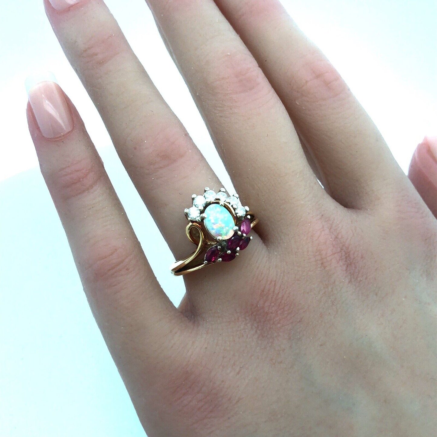 Vintage Gemco 18K Yellow Gold Opal Ruby Diamond Free Form Cocktail Ring