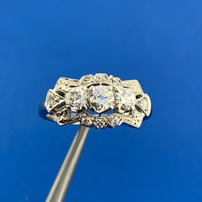 Designer 18K White Gold Diamond Miners Cut Trio w/Accents Engagement Ring