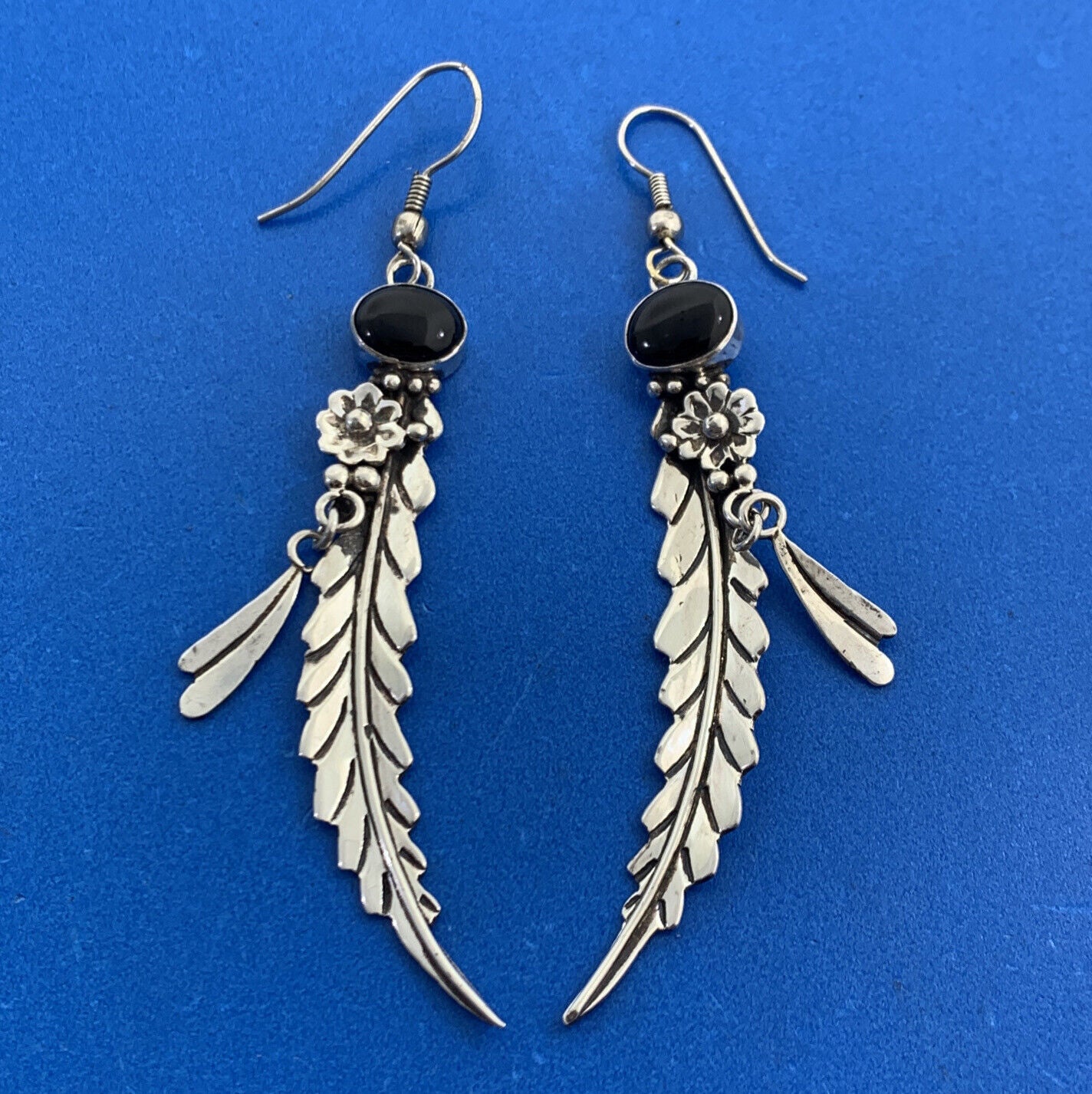 Vintage Native American 925 Sterling Silver Black Onyx Dangle Feather Earrings