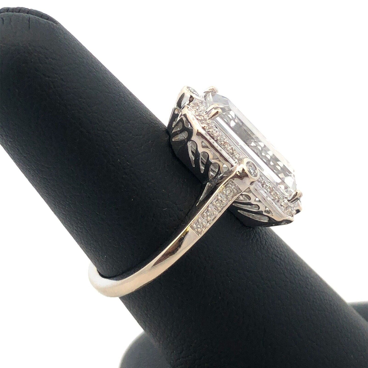 14K White Gold Designer White Topaz Diamond Accent Art Deco Style Statement Ring