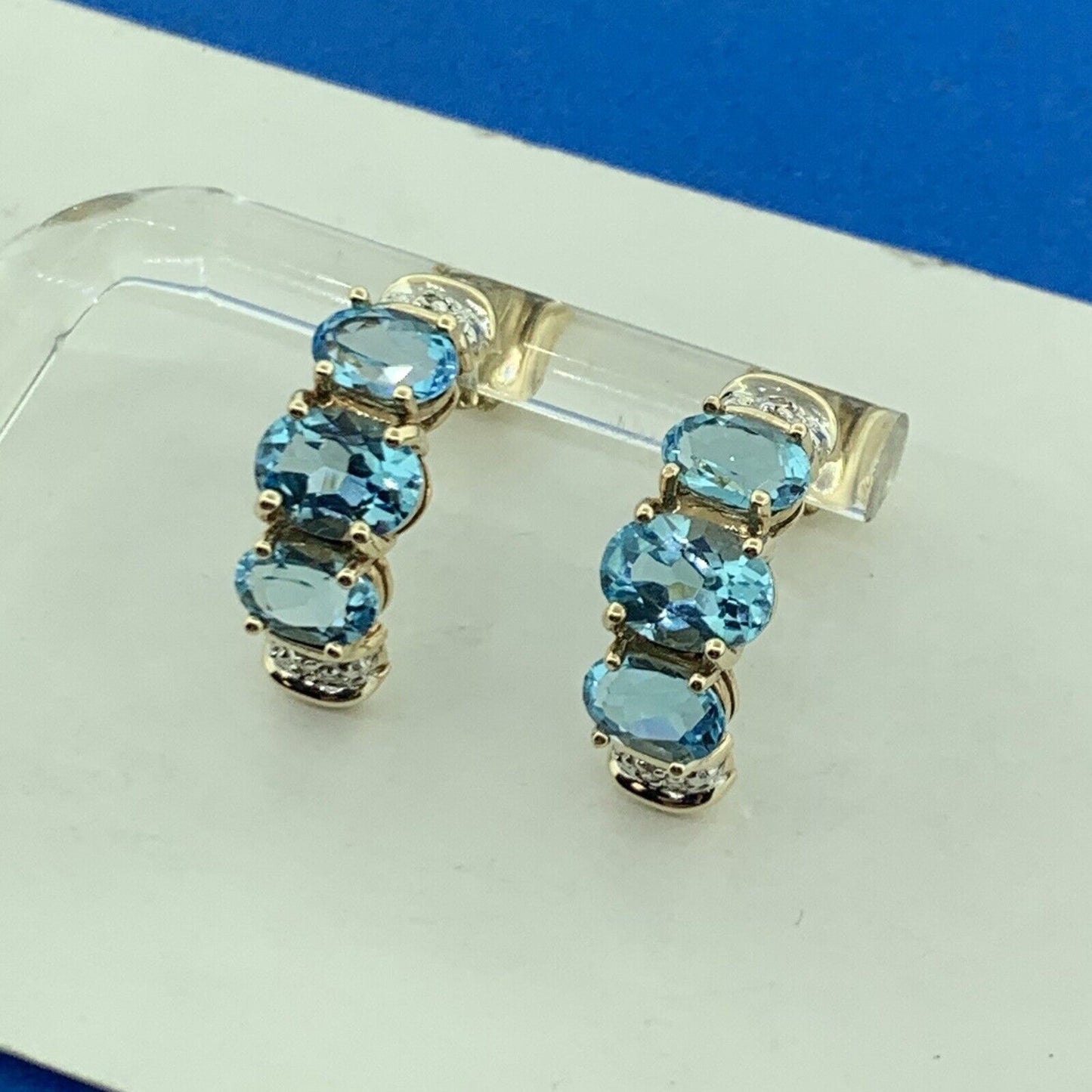 Designer 10K Yellow Gold Oval Blue Topaz Diamond Accented Half Hoop Earrings