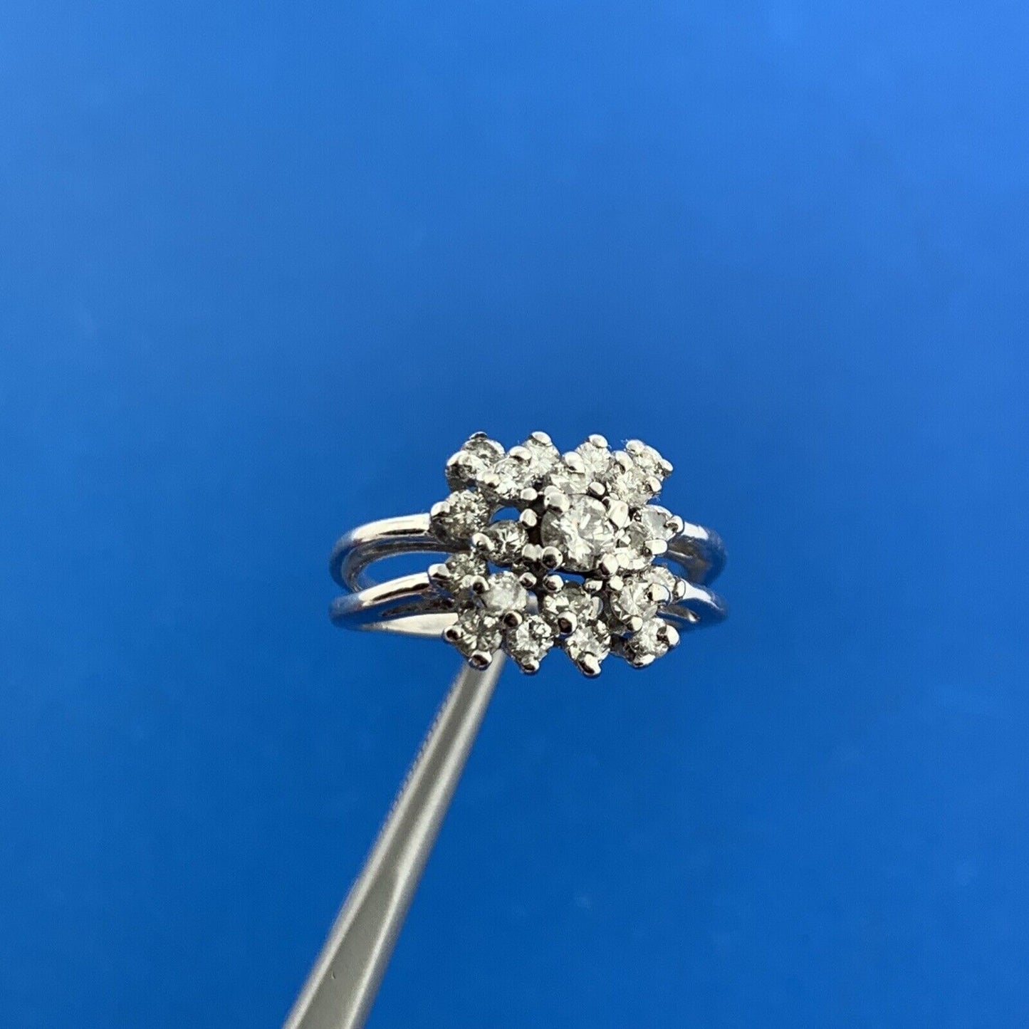 Vintage 14K White Gold Round Diamond Square Top Cluster Anniversary Dinner Ring