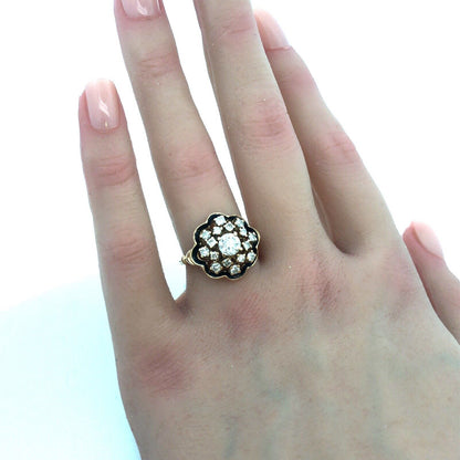 Gorgeous 14k Yellow Gold Diamond Black Enamel Georgian Cluster Ring Size 6.0