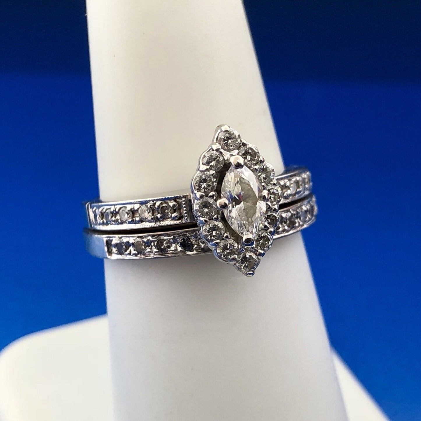 14K White Gold Marquise Solitaire Halo Accents Engagement Ring Band Bridal Set