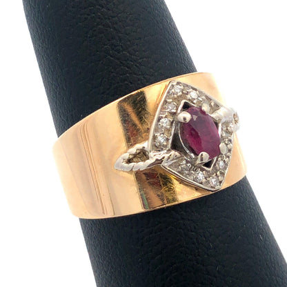 14K Yellow Gold Ruby Diamond Etruscan Style Tapered Cocktail Anniversary Ring