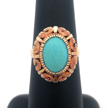 Retro 10K Yellow Rose Gold Oval Robins Egg Turquoise Statement Cocktail Ring