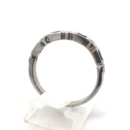 18K White Gold Emerald Cut Sapphire Round Diamond Stackable Anniversary Ring