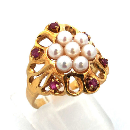 Vintage 18k Yellow Gold Pearl Cluster Ring with Ruby Accents