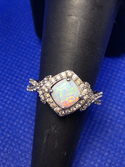 Designer SUN 925 Sterling Silver Opal Diamond Accented Size 6 Statement Ring