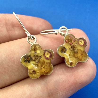 Designer ATI Mexico Sterling Silver 925 Amber Fossil Floral Drop Earrings
