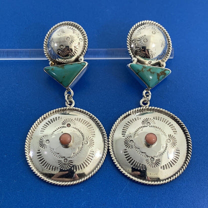 Designer REVE 925 Sterling Silver Turquoise Coral Statement Concho Stud Earrings