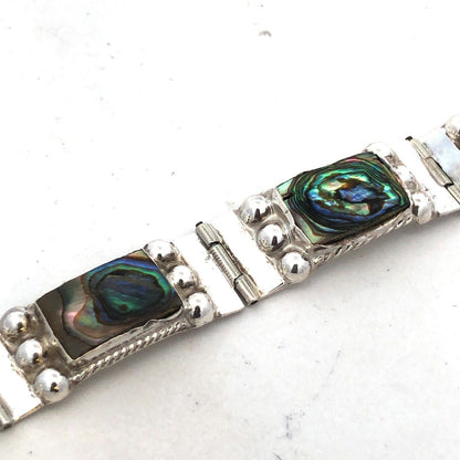 Vintage Taxco 925 Sterling Silver Abalone Rectangle Cabochon Panel Bracelet