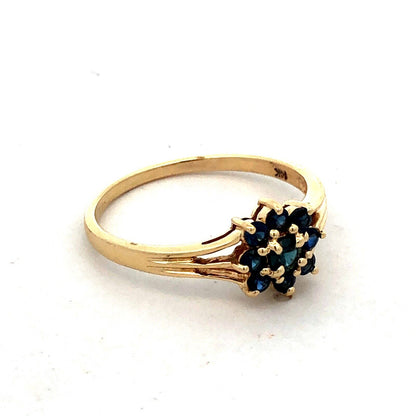 Designer 14K Yellow Gold Round Blue Sapphire Flower September Anniversary Ring