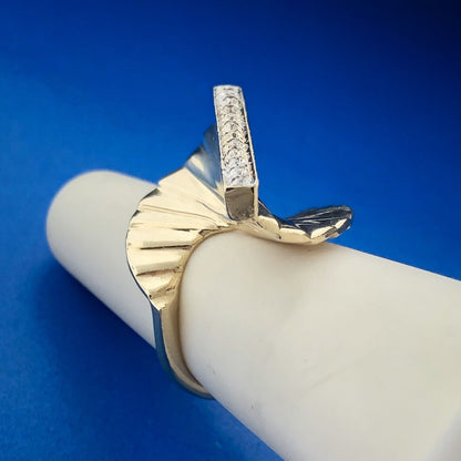 Unusual 10K Yellow Gold Diamond Spiral Fan Staircase Statement Cocktail Ring