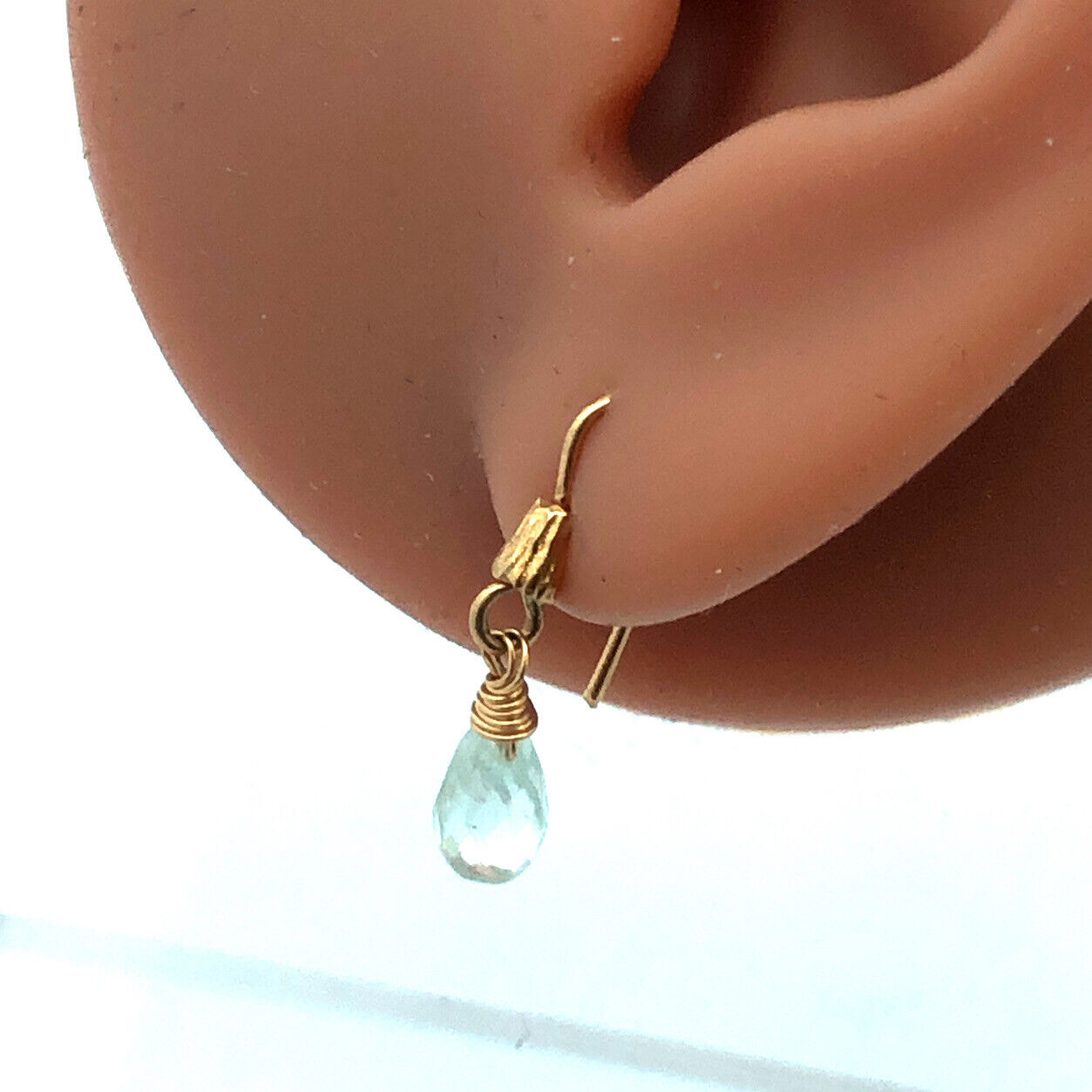 14k Yellow Gold Aquamarine Calming Soothing Dangle Hook Earrings