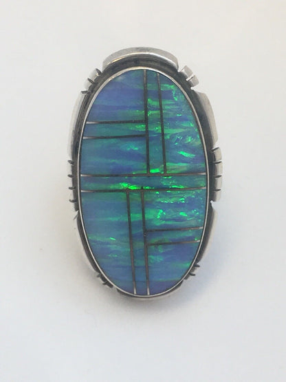 Navajo James Shay JS Sterling Silver 925 Oval Fire Opal Inlay Statement Ring