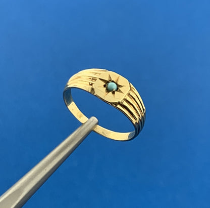 Art Deco Art Nouveau 14K Yellow Gold Turquoise Seed Bead Childs Band Pinky Ring