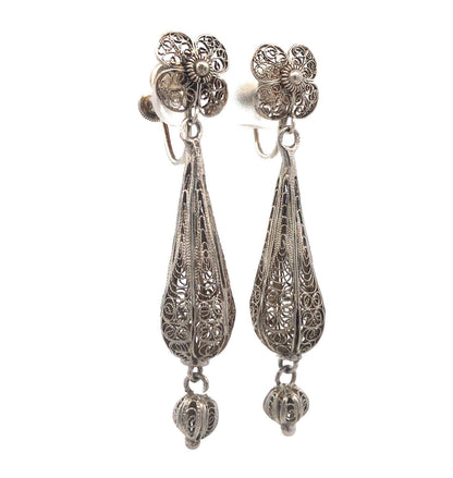 Vintage 925 Sterling Silver Intricate Filigree Floral Dangle Screw Back Earrings