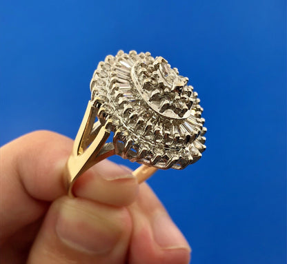 14K Yellow White Gold Diamond Halo Cluster 4 Tier Statement Cocktail Ring